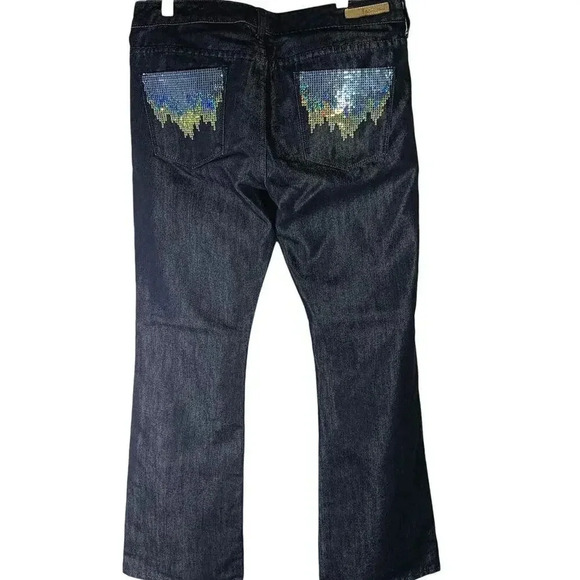 Express New Stella Boot Leg Embellished Denim Blue Waxed Jeans Sequins Size 12 - Picture 1 of 14